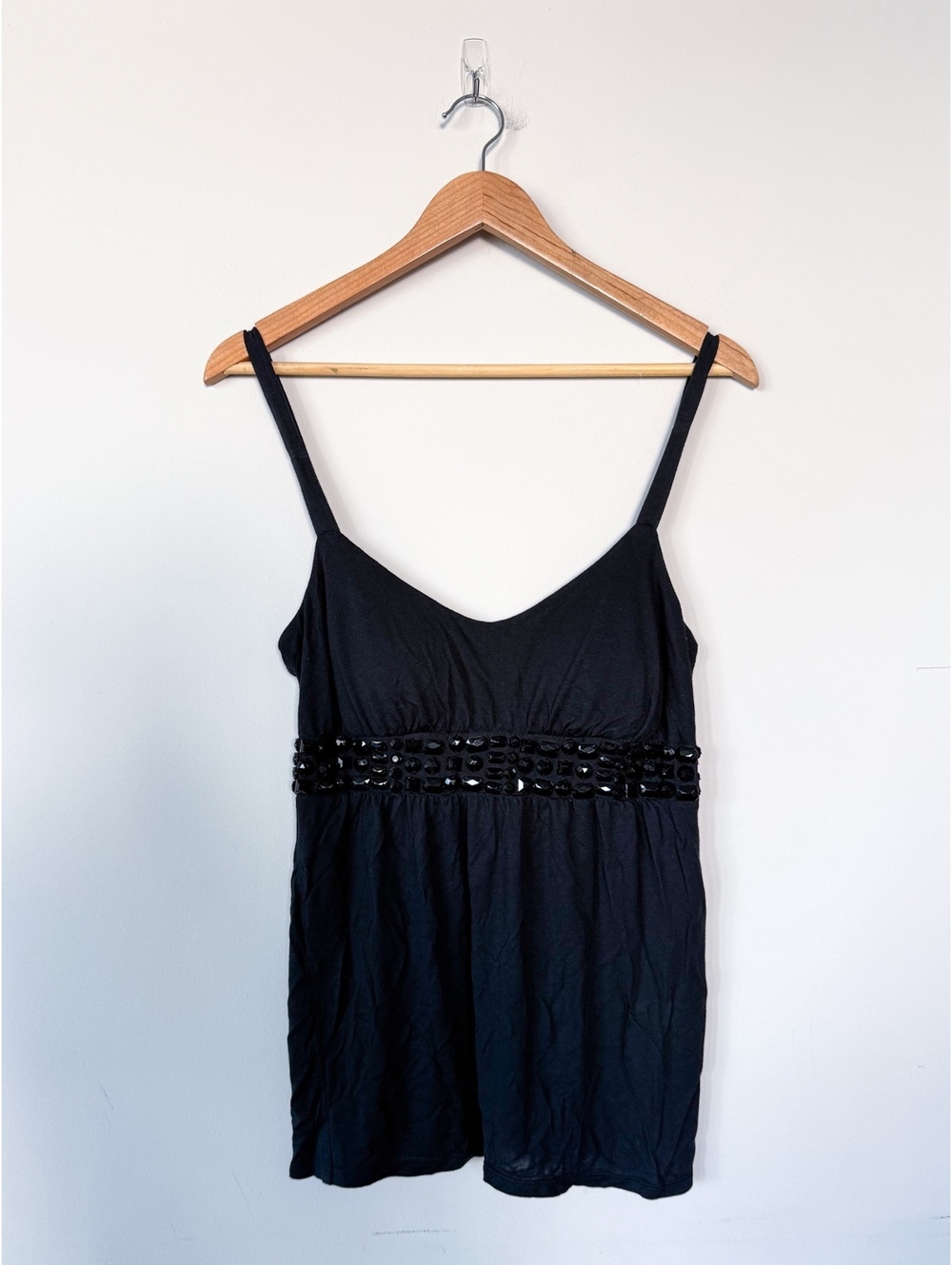 Express Padded Black Babydoll Tank Top Y2K 2007 Gemstone Beaded Stretch